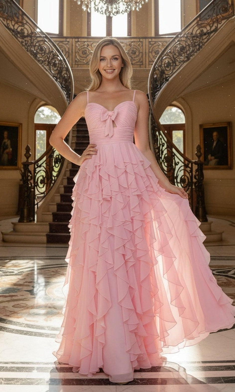 A woman stands in a grand foyer wearing the Poly USA 25024 long pink prom dress, featuring ruffles, a bow on the bodice, and an elegant A-line skirt, framed by ornate spiral staircases and large windows.